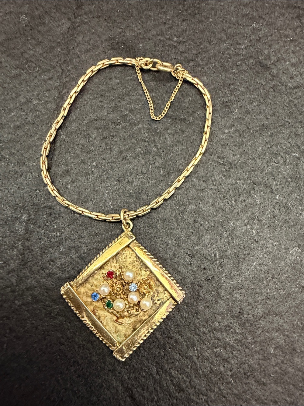 12k GF bracelet with sterling Square Pendant with Multicolor Accents